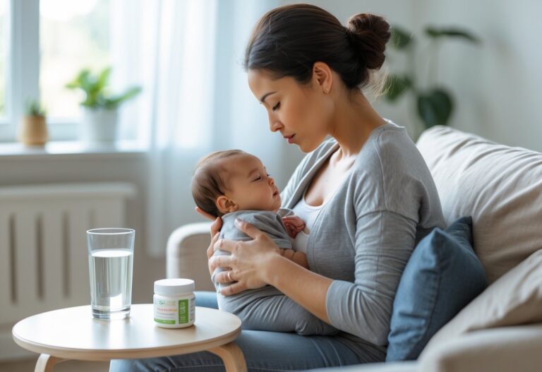 Mãe amamentando seu bebê sentada confortavelmente em uma sala iluminada e acolhedora, com um recipiente de suplemento ao lado.