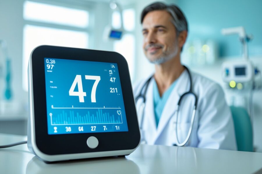 Monitor cardíaco digital mostrando batimento de 47 bpm com profissional de saúde observando atentamente em ambiente clínico.