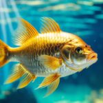 Peixe Luvis Gold Engorda dourado nadando em água clara e azul.