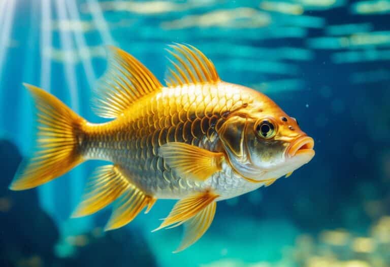 Peixe Luvis Gold Engorda dourado nadando em água clara e azul.