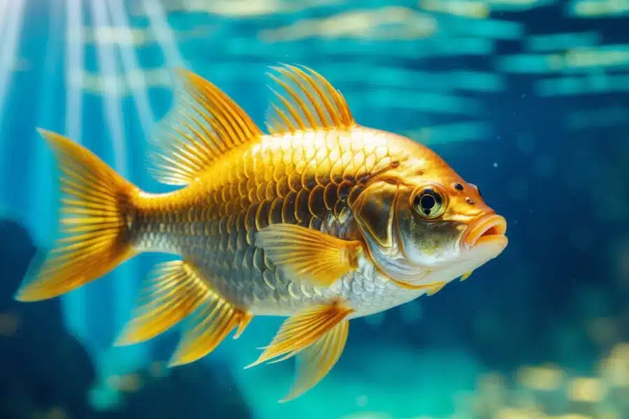 Peixe Luvis Gold Engorda dourado nadando em água clara e azul.