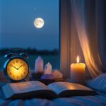Quarto tranquilo à noite com relógio marcando 3 horas da manhã, vela acesa, cristais e livro aberto em uma mesa ao lado da cama, com céu estrelado visível pela janela.