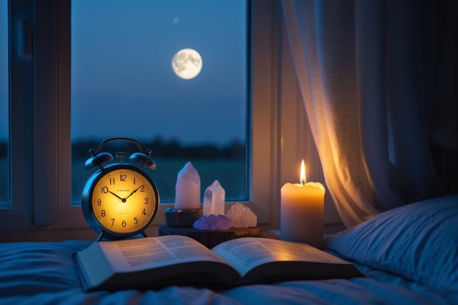 Quarto tranquilo à noite com relógio marcando 3 horas da manhã, vela acesa, cristais e livro aberto em uma mesa ao lado da cama, com céu estrelado visível pela janela.