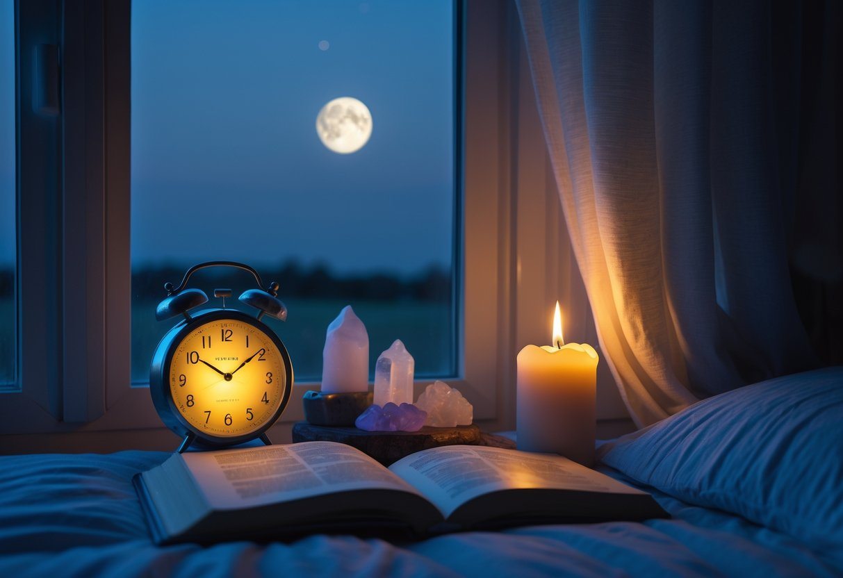 Quarto tranquilo à noite com relógio marcando 3 horas da manhã, vela acesa, cristais e livro aberto em uma mesa ao lado da cama, com céu estrelado visível pela janela.