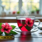 Xícara de chá de hibisco vermelho sobre mesa de madeira com flores de hibisco ao redor e um ambiente de cozinha ao fundo.