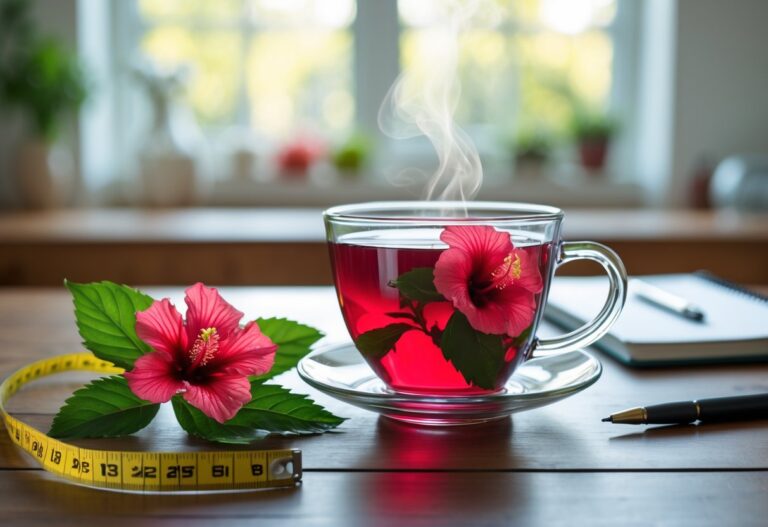 Xícara de chá de hibisco vermelho sobre mesa de madeira com flores de hibisco ao redor e um ambiente de cozinha ao fundo.