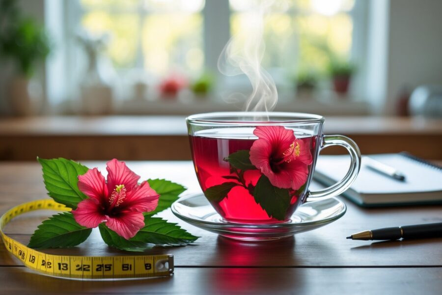 Xícara de chá de hibisco vermelho sobre mesa de madeira com flores de hibisco ao redor e um ambiente de cozinha ao fundo.