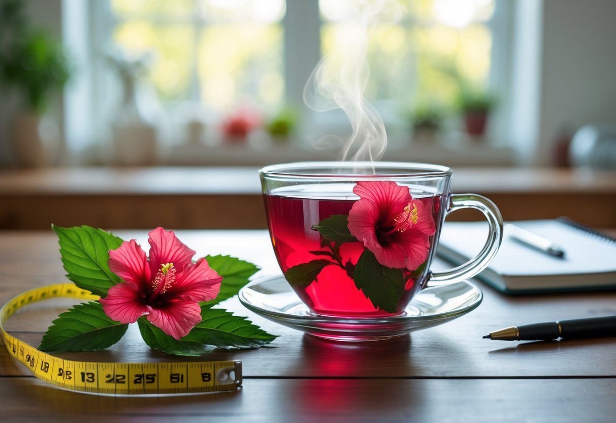 Xícara de chá de hibisco vermelho sobre mesa de madeira com flores de hibisco ao redor e um ambiente de cozinha ao fundo.