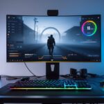 Setup de computador moderno para jogos com monitor exibindo jogo de tiro em primeira pessoa e equipamentos de jogos ao redor.