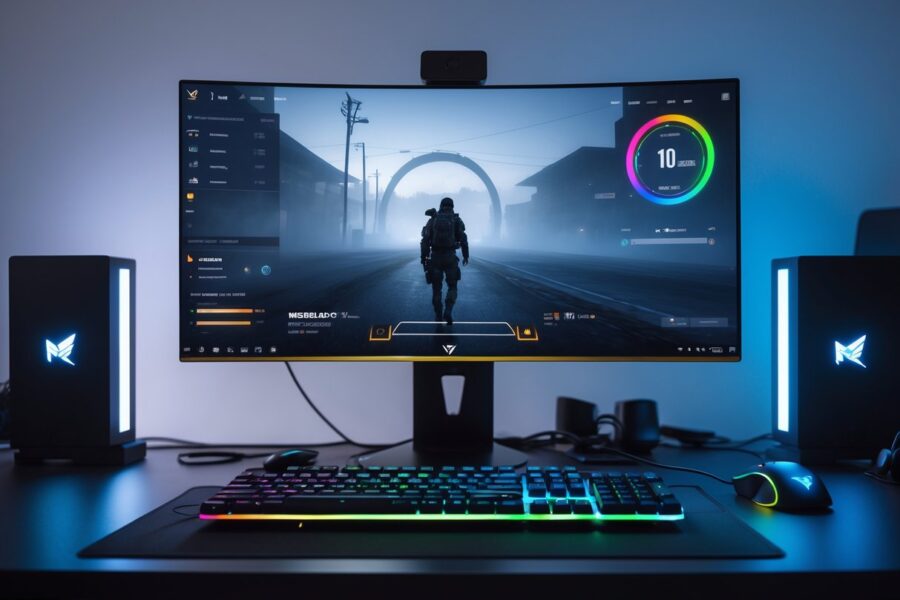 Setup de computador moderno para jogos com monitor exibindo jogo de tiro em primeira pessoa e equipamentos de jogos ao redor.