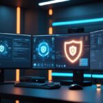 Ambiente tecnológico futurista com computadores e interfaces digitais que representam segurança digital e proteção de dados.
