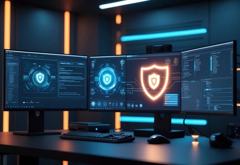 Ambiente tecnológico futurista com computadores e interfaces digitais que representam segurança digital e proteção de dados.