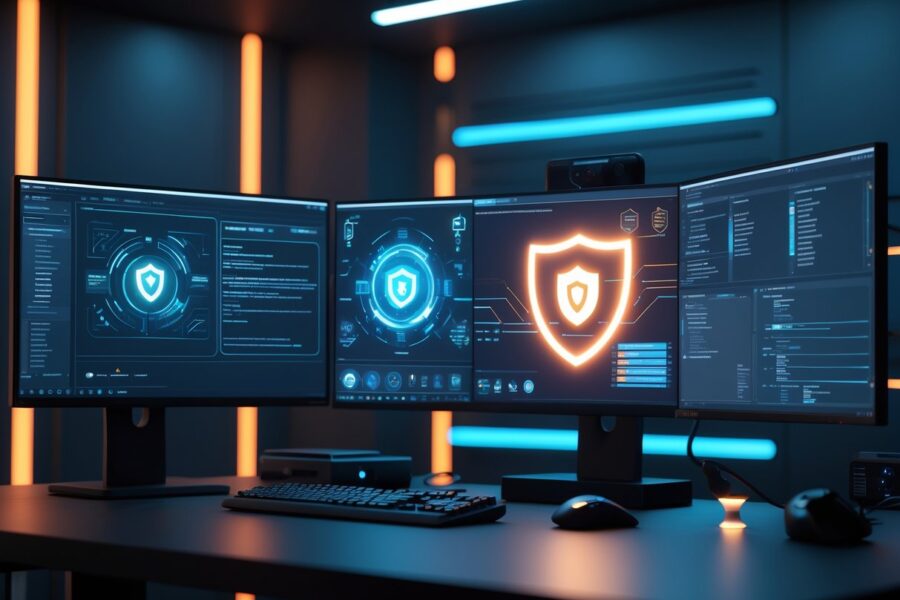 Ambiente tecnológico futurista com computadores e interfaces digitais que representam segurança digital e proteção de dados.
