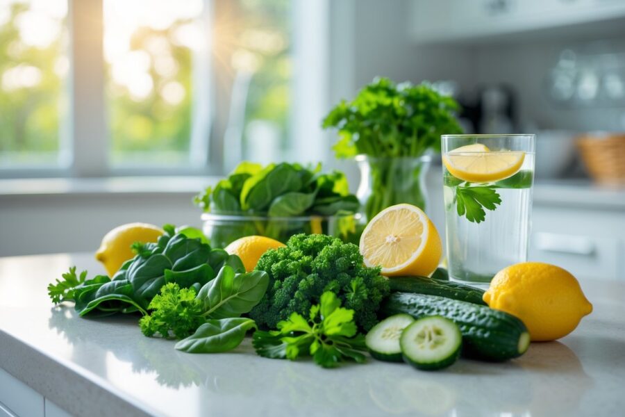 Bancada de cozinha com ingredientes frescos como folhas verdes, limões, pepinos, salsa e um copo de água com fatias de limão.