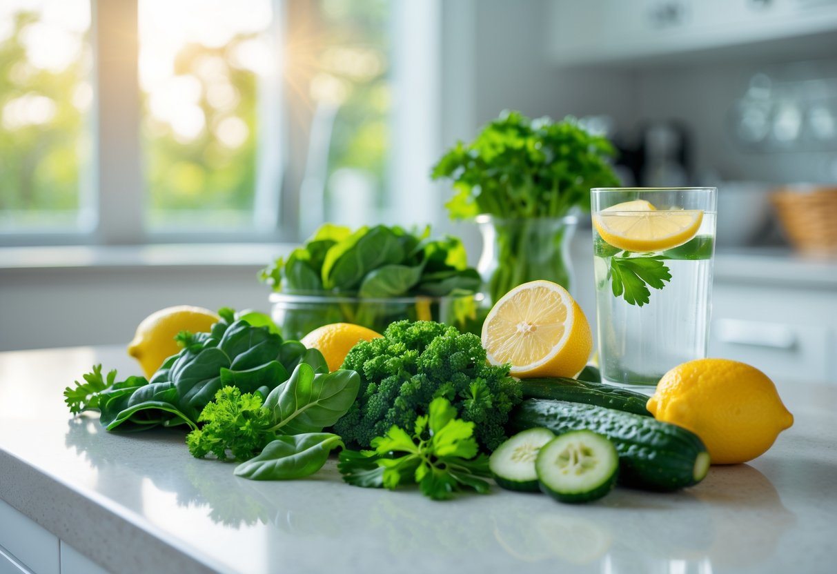 Bancada de cozinha com ingredientes frescos como folhas verdes, limões, pepinos, salsa e um copo de água com fatias de limão.