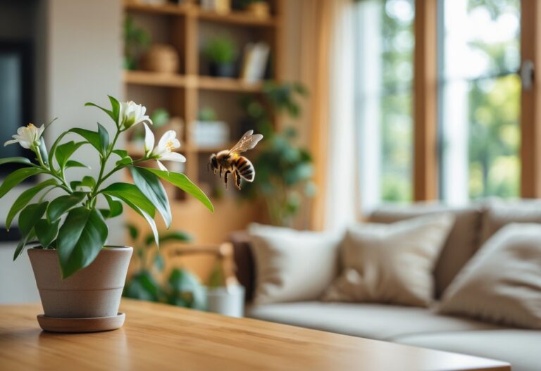 Abelha voando próxima a uma planta dentro de uma casa bem iluminada e acolhedora.