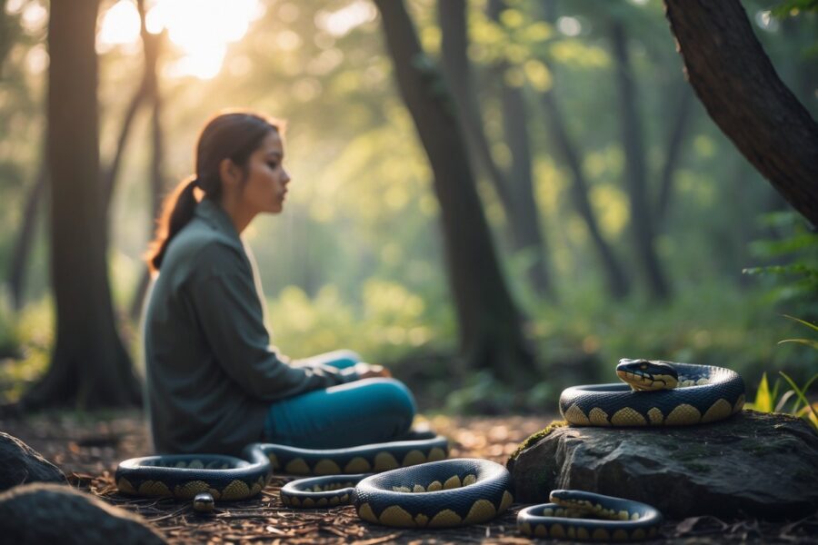 Pessoa sentada em um ambiente natural tranquilo com cobras vivas próximas ao chão, transmitindo uma sensação de reflexão e mistério.