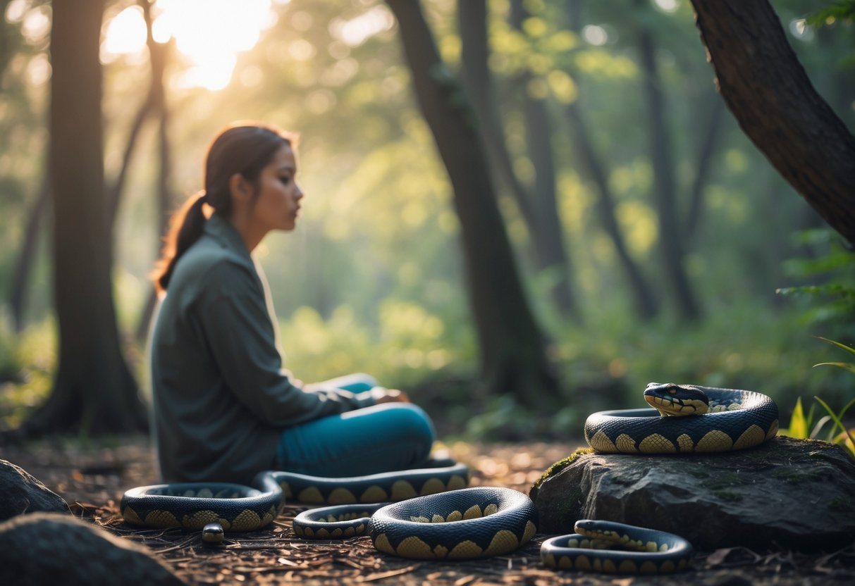 Pessoa sentada em um ambiente natural tranquilo com cobras vivas próximas ao chão, transmitindo uma sensação de reflexão e mistério.