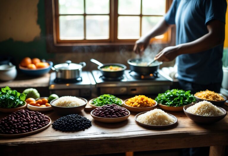 Cozinha simples com uma mesa de madeira, ingredientes básicos e uma pessoa preparando uma refeição caseira.