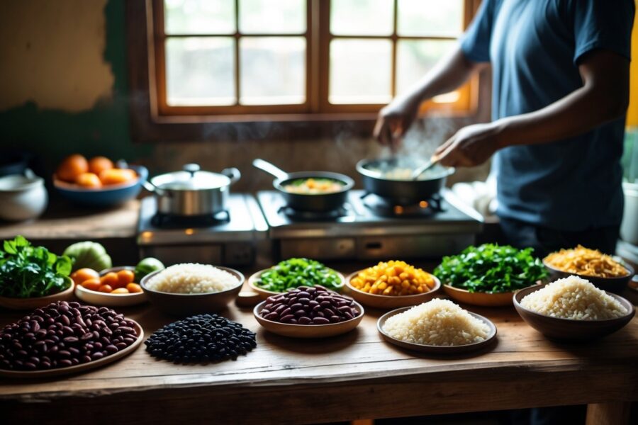 Cozinha simples com uma mesa de madeira, ingredientes básicos e uma pessoa preparando uma refeição caseira.