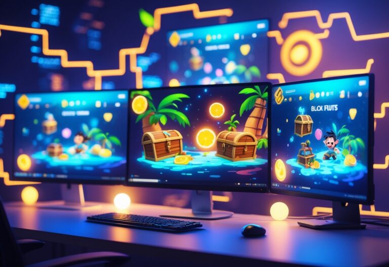 Computador moderno com vários monitores exibindo gráficos coloridos de um jogo de aventura com frutas mágicas e personagens explorando uma ilha.