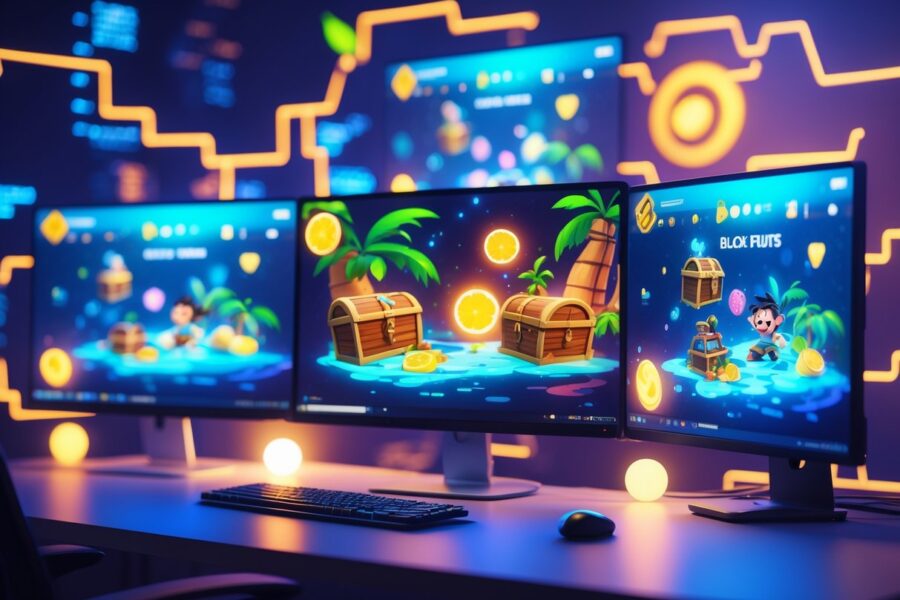 Computador moderno com vários monitores exibindo gráficos coloridos de um jogo de aventura com frutas mágicas e personagens explorando uma ilha.