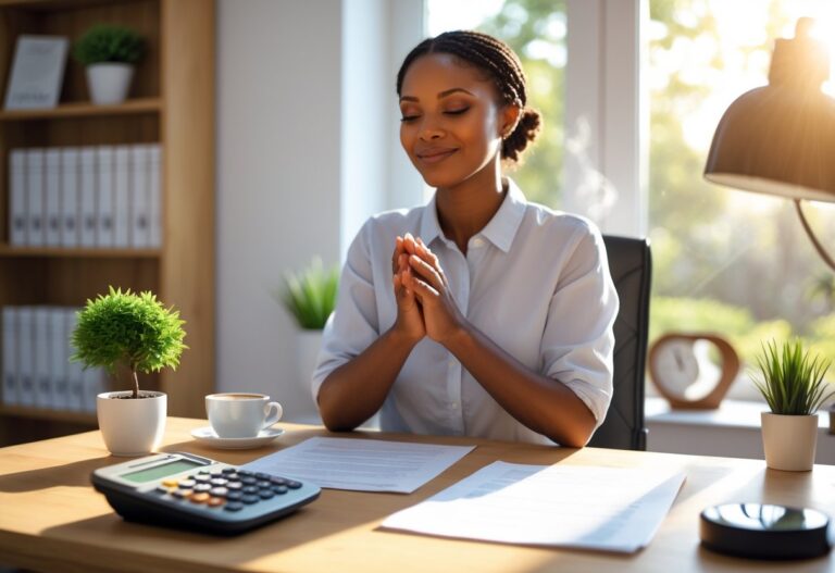 Pessoa sentada em uma mesa organizada, com documentos e uma calculadora, em um ambiente iluminado e acolhedor, demonstrando calma e esperança.