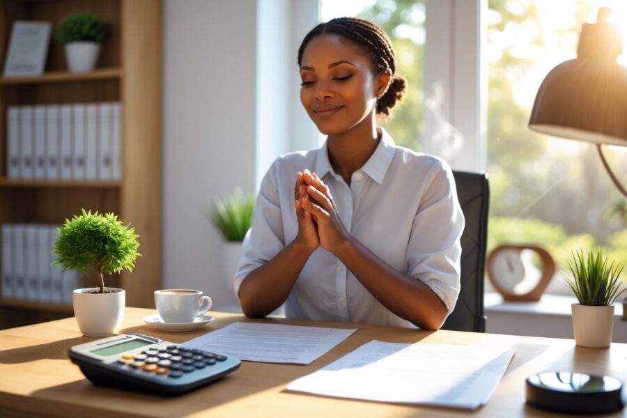 Pessoa sentada em uma mesa organizada, com documentos e uma calculadora, em um ambiente iluminado e acolhedor, demonstrando calma e esperança.