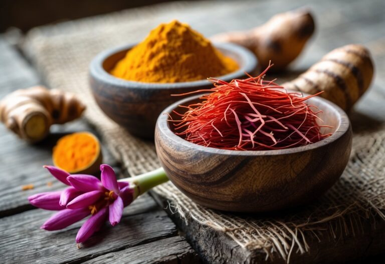 Duas tigelas de madeira lado a lado, uma com pó amarelo de cúrcuma e raízes de cúrcuma, outra com fios vermelhos de açafrão e flores roxas de açafrão sobre uma superfície de madeira.