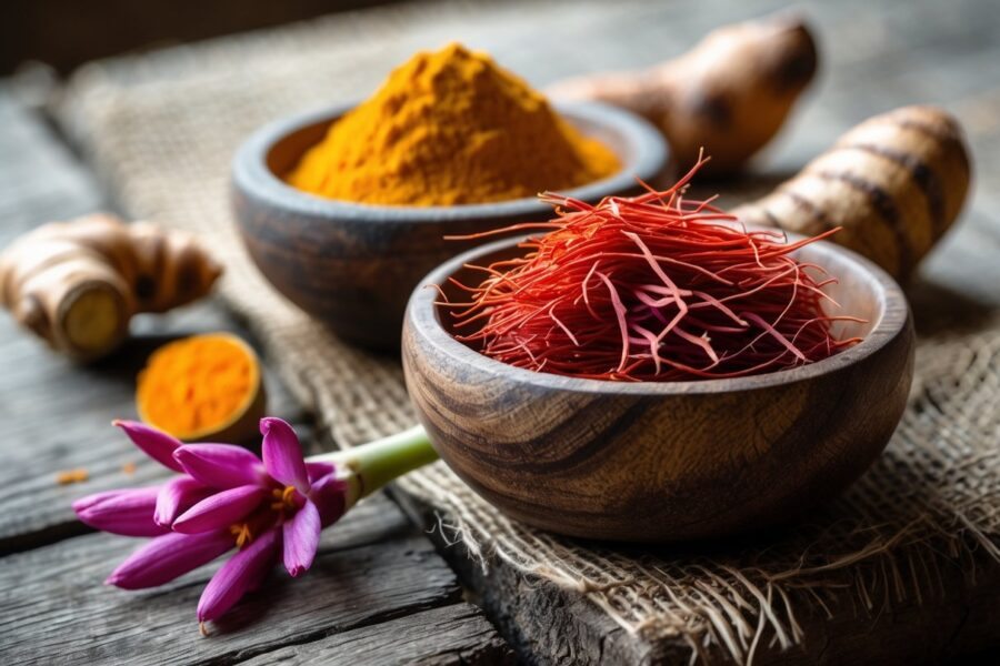 Duas tigelas de madeira lado a lado, uma com pó amarelo de cúrcuma e raízes de cúrcuma, outra com fios vermelhos de açafrão e flores roxas de açafrão sobre uma superfície de madeira.