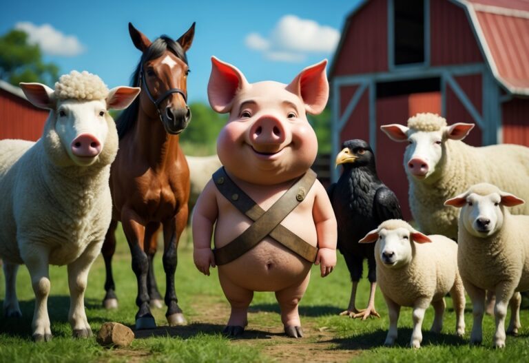 Grupo de animais de fazenda representando personagens da Revolução dos Bichos reunidos em um pátio rural.