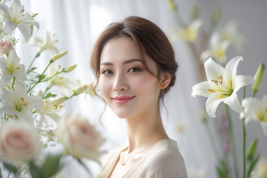 Uma jovem mulher sorridente em ambiente claro e arejado, cercada por flores delicadas, transmitindo tranquilidade e gentileza.