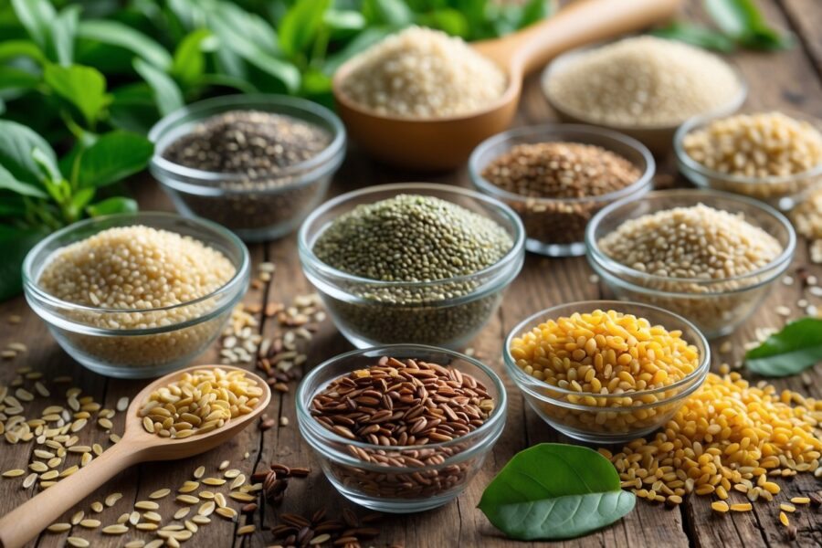 Vários tipos de grãos saudáveis dispostos sobre uma superfície de madeira, incluindo quinoa, chia, linhaça, arroz integral e painço, com folhas verdes e uma colher de madeira.