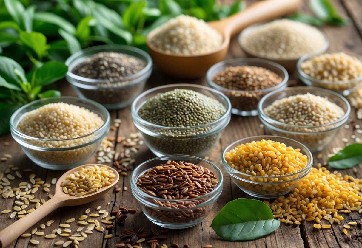 Vários tipos de grãos saudáveis dispostos sobre uma superfície de madeira, incluindo quinoa, chia, linhaça, arroz integral e painço, com folhas verdes e uma colher de madeira.