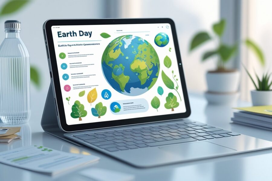 Tela de um dispositivo digital mostrando um questionário sobre o Dia da Terra, com elementos da natureza ao redor como planta em vaso e garrafa reutilizável.