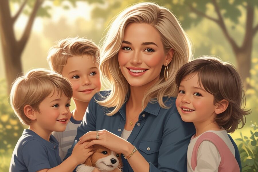 Blake Lively com seus filhos em um ambiente ao ar livre, todos sorrindo e interagindo de forma carinhosa.
