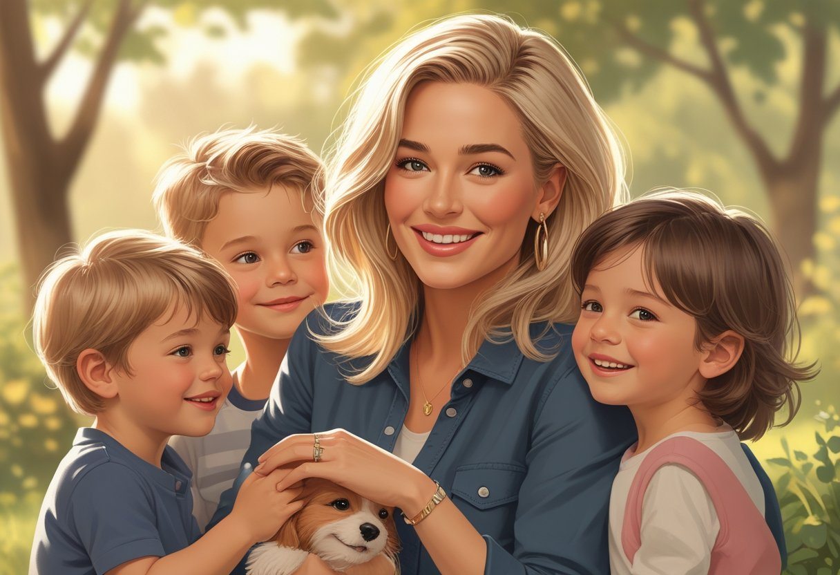 Blake Lively com seus filhos em um ambiente ao ar livre, todos sorrindo e interagindo de forma carinhosa.