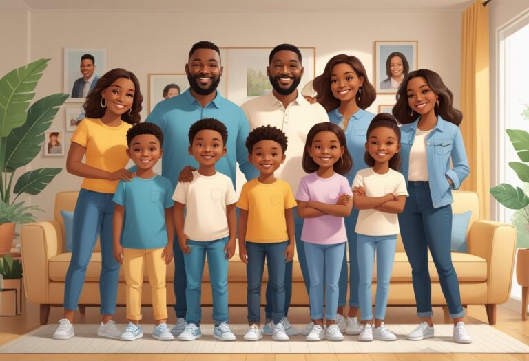 Um grupo de pessoas da família Wayans reunidas em uma sala de estar, sorrindo e demonstrando união e carinho.