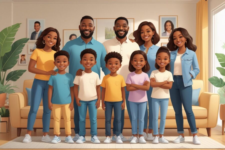 Um grupo de pessoas da família Wayans reunidas em uma sala de estar, sorrindo e demonstrando união e carinho.