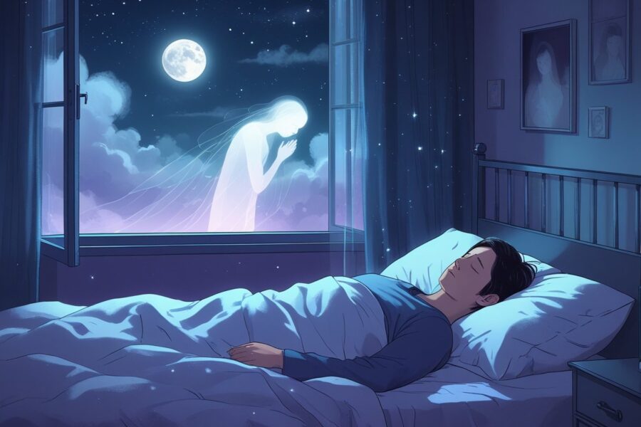 Pessoa dormindo em uma cama com uma figura translúcida de um ente querido desaparecendo em névoa acima dela, em um quarto escuro com luz da lua.