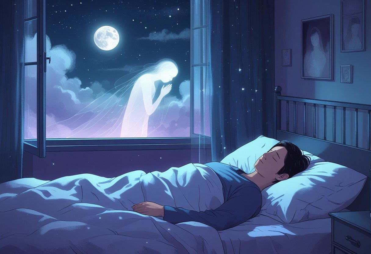 Pessoa dormindo em uma cama com uma figura translúcida de um ente querido desaparecendo em névoa acima dela, em um quarto escuro com luz da lua.