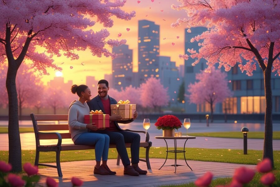 Casal feliz sentado em um banco de parque cercado por árvores floridas ao pôr do sol, trocando presentes e celebrando o Dia dos Namorados.