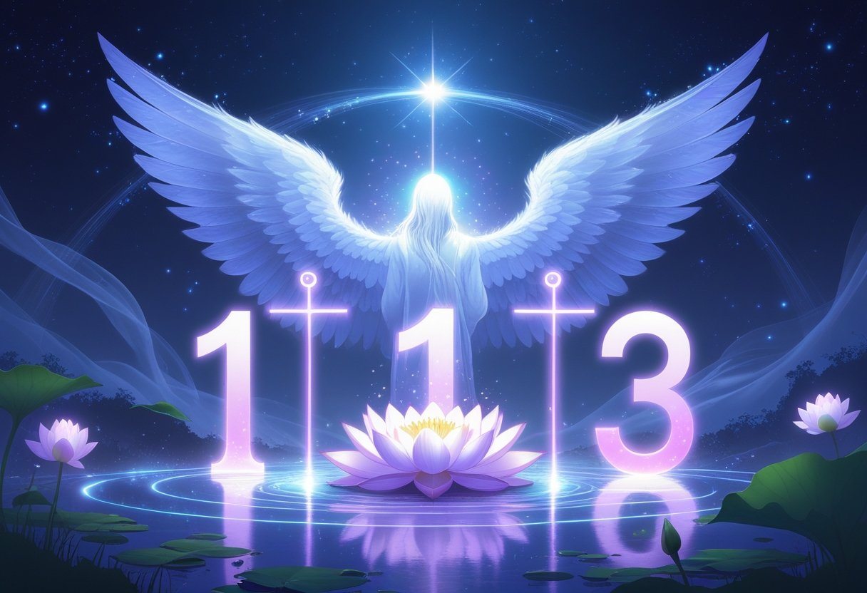 Uma cena serena com uma flor de lótus radiante no centro, luz suave e elementos cósmicos ao fundo, transmitindo uma sensação de crescimento espiritual e conexão universal.