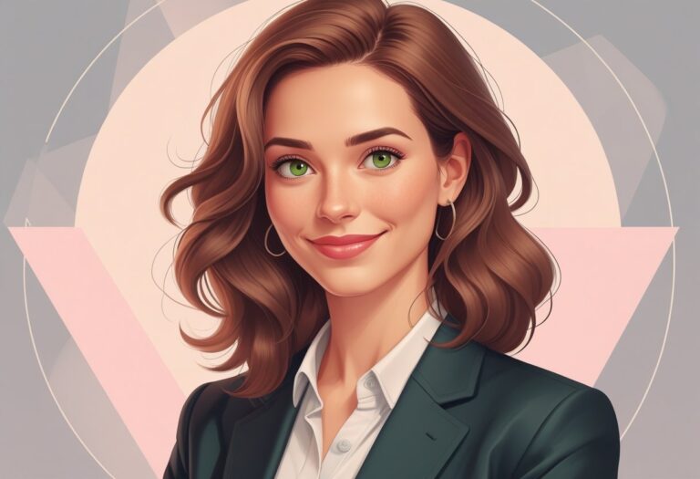 Retrato de uma mulher jovem e confiante com cabelo castanho ondulado, olhos verdes e sorriso acolhedor, vestindo um blazer e blusa simples.