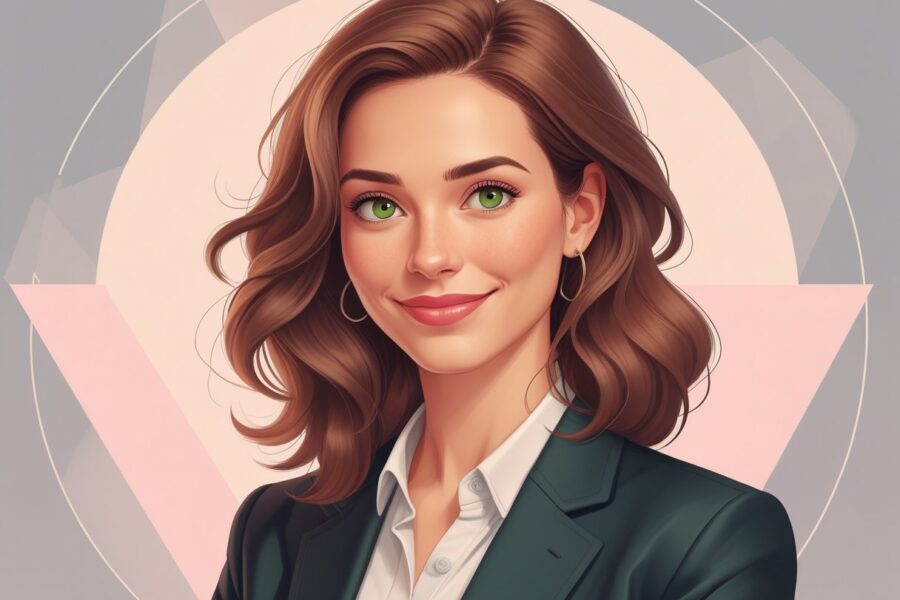 Retrato de uma mulher jovem e confiante com cabelo castanho ondulado, olhos verdes e sorriso acolhedor, vestindo um blazer e blusa simples.