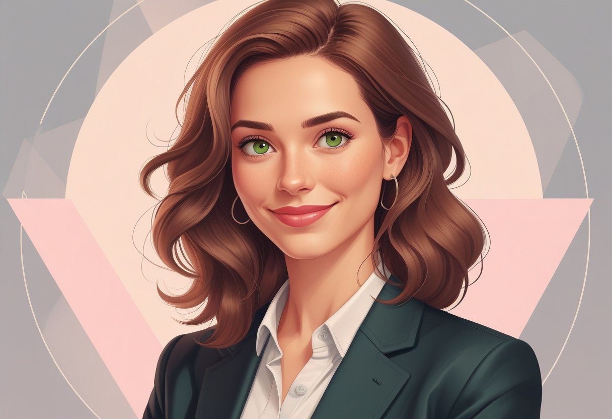 Retrato de uma mulher jovem e confiante com cabelo castanho ondulado, olhos verdes e sorriso acolhedor, vestindo um blazer e blusa simples.