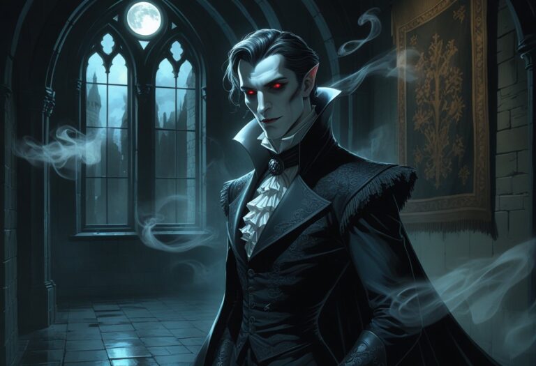 Um vampiro elegante em um corredor de castelo gótico com luz da lua entrando pelas janelas arqueadas.