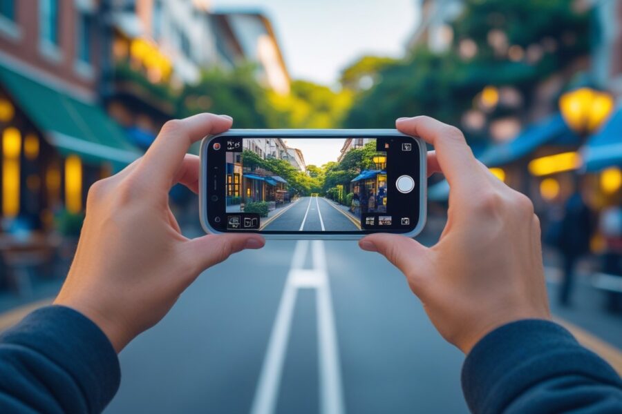 Pessoa segurando um smartphone com as mãos, mostrando a visão em primeira pessoa de uma rua urbana ou trilha na natureza.