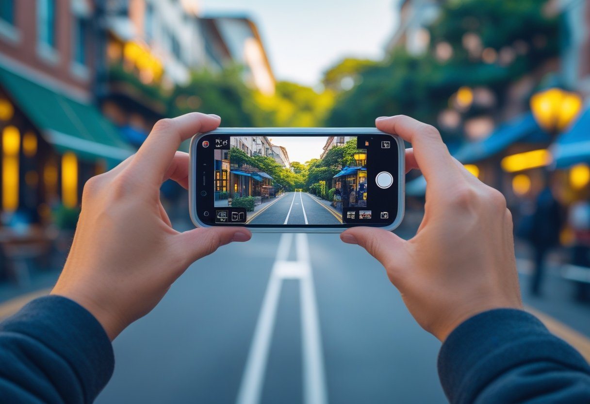 Pessoa segurando um smartphone com as mãos, mostrando a visão em primeira pessoa de uma rua urbana ou trilha na natureza.