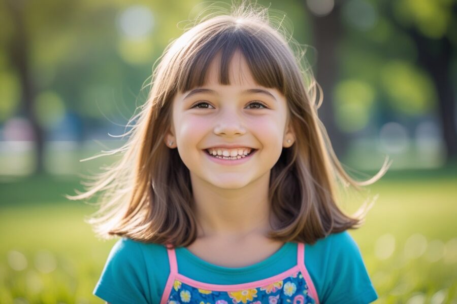 Menina jovem ao ar livre em um parque ensolarado, sorrindo e vestindo roupas coloridas.